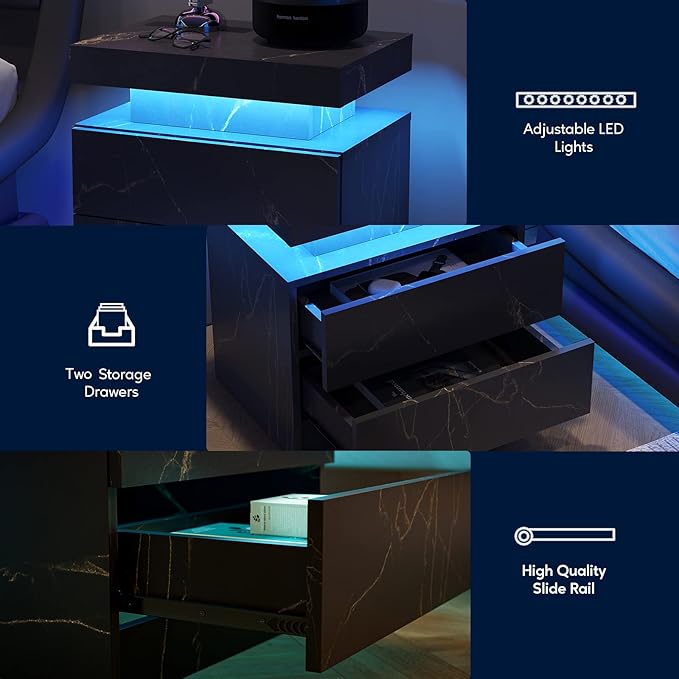LED Nightstands, Bedside Table with 2 Drawers, Modern Bedroom Furniture with Changing RGB Light & Remote for Bedroom and Living Room, Black Marble Pattern