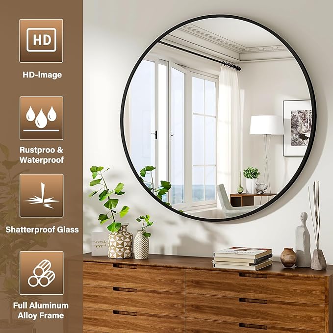 36 Inch Round Mirror - Circle Mirrors for Bathroom, Entryway and Living Room Wall Decor, Modern Hanging Vanity Mirror, Matte Black Circle Decorative Wall Mirror