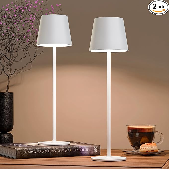 uuffoo 2 Pack Rechargeable Table Lamp Battery Operated Cordless Table Lamps with 3 Colors Stepless Dimming, Desk Night Light for Restaurant, Patio, Bedroom, Bar (White)