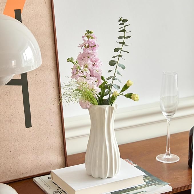 8 Inch White Ceramic Vase, Modern Flower Vases for Centerpieces Decorative Vase Home Decor, Minimalist Tall Vases for Bouquet Table Living Room Office Wedding Farmhouse Decor
