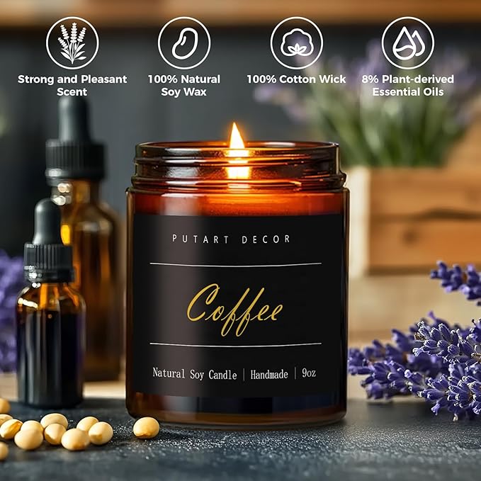 Coffee Highly Scented Candle for Home, 9oz Natural Soy Aromatherapy Non Toxic Candles with Essential Oil, Home Fragrance Stress Relief & Meditation Jar Candles Gifts for Women & Men