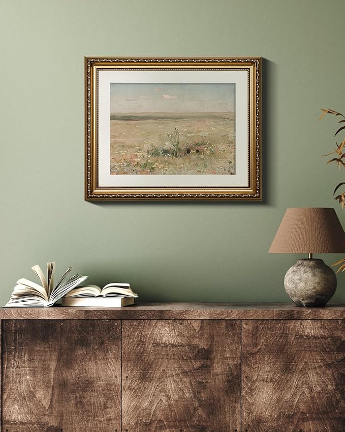 VIYYIEA Gold Framed Wall Art Canvas Print - Vintage Meadow Landscape Oil Painting - Farmhouse Wall Decor - Flower Art - French Decor for Living Room & Cozy Bedroom - 13x16in