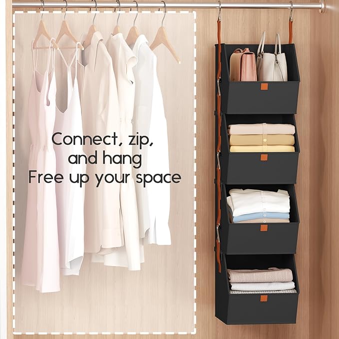 Hanging Closet Organizer 4 Tier - Clothes Hanging Shelves, Space-Saving Closet System, Fabric Storage Bins Bedroom Organization, Collapsible Baskets for Home, Dorm, Rv, Black, 2 Pack