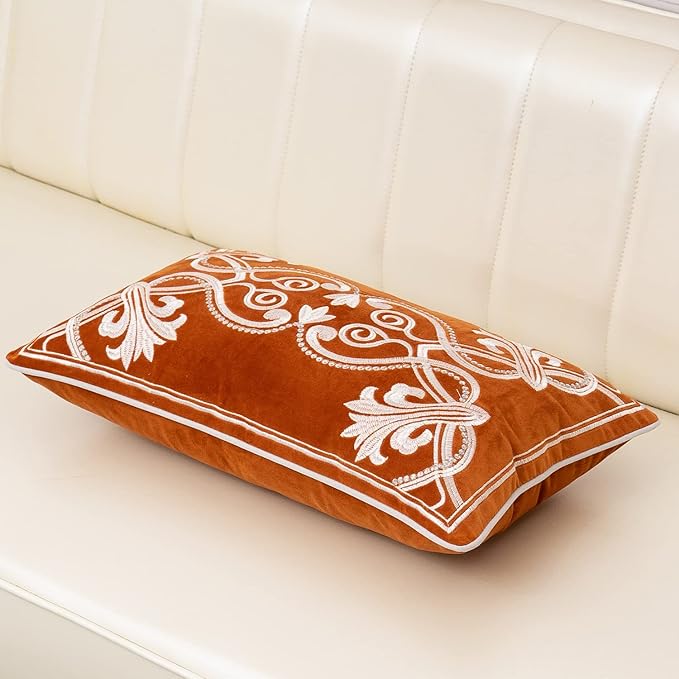 Aeckself European Luxury Velvet Lumbar Throw Pillow Cover 12 x 20 Inch, Embroidery Floral Pillow Cover Home Decor Oblong Pillowcase for Couch Bedroom Living Room, Burnt Orange and White