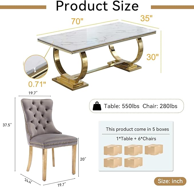 Goujxcy 7 Piece Marble Dining Table Set for 6, Luxury White Marble Gold Kitchen Table with 6 Grey Velvet Upholstered Chairs, Modern 6 Person Dining Room Table Set for Kicken Dining Office Room