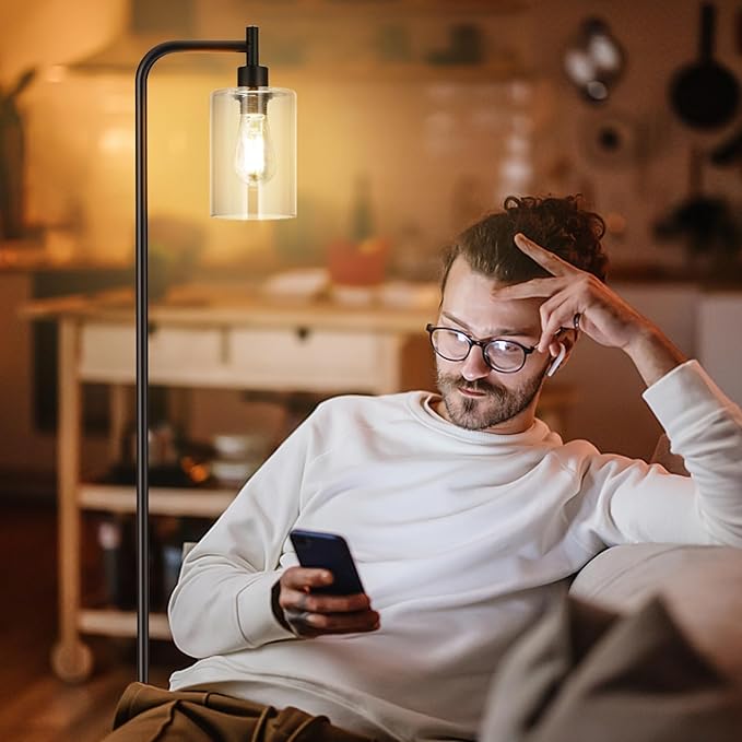 Floor Lamps for Living Room - Standing Lamp with Grey Glass Shade, Modern Floor Lamp with LED Bulbs, Industrial Floor Lamp for Bedroom, Black Tall Lamp for Office(Light Bulb Included)