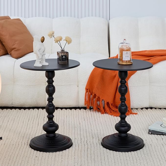 Elegant Vintage Round Side Table with Roman Columns - Sturdy Metal Design, Perfect as a Coffee, End, Tea, or Leisure Table for Living Room and Bedroom Decor,(Black+Black 1pack)