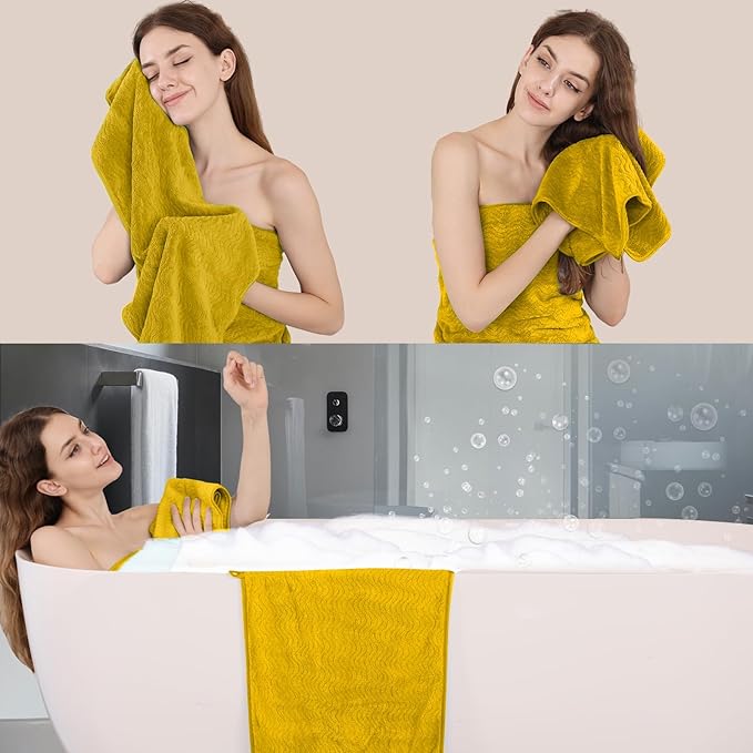 Bath Towel Set of 4, Extra Large Towels Oversized 35x70 Inch Shower Bathroom Towels Highly Absorbent Quick Dry Towel Textured Soft Bath Sheet Towels Set for Bathroom Hotel SPA Fitness Camping (Yellow)
