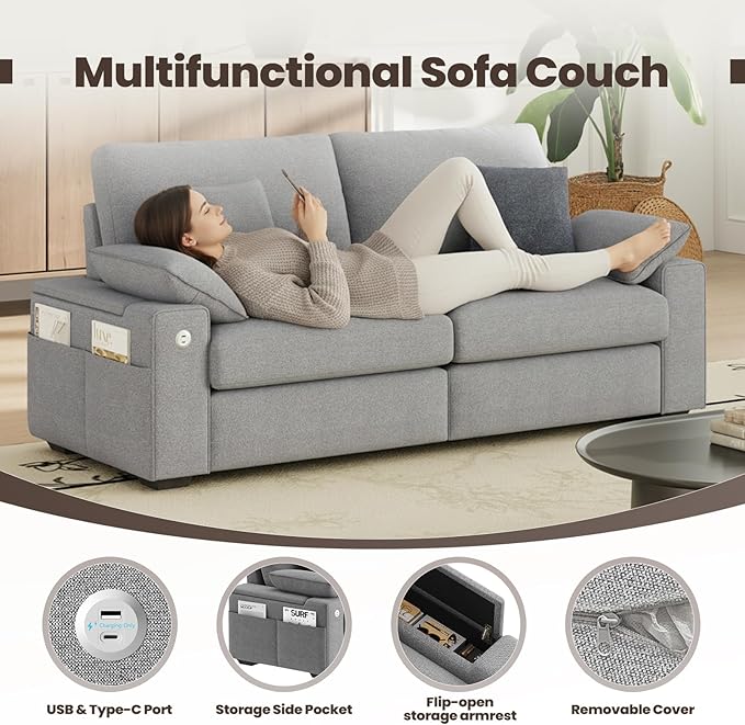 76" Loveseat Sofa, Cloud Foam Couch, 3 Seater Upholstered Midcentury Mondern Love Seat with USB Type C Ports, 4 Pillows and Flip-Open Storage Armrest for Living Room/Small Spaces, Grey