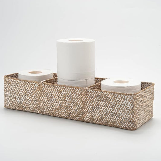 Whitewash Seagrass Toilet Tank Basket with 3 Section, Toilet Paper Basket for Bathroom Organizing, Storage Basket for Kitchen, Dresser (16.5x5.7x3.5 inch)