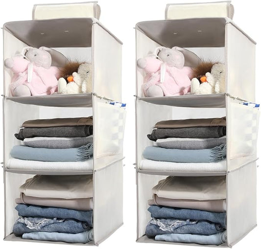 2 Packs Hanging Closet Organizer Storage, 3-Shelf Hanging Shelves for Closet, Closet Clothes Organizer and Storage with Side Pocket, Beige