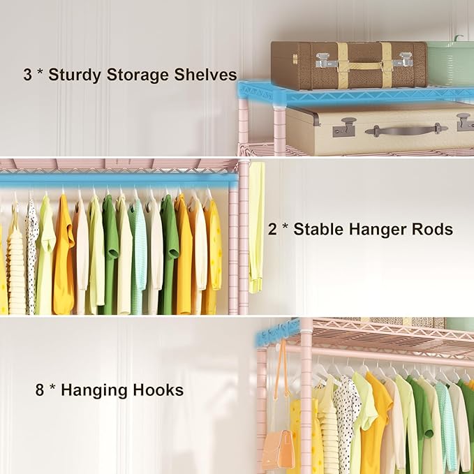 FUTASSI P3 Rolling Clothes Rack, Clothing Racks for Hanging Clothes, Heavy Duty Garment Rack with Wheels, Freestanding Portable Closet Organizer 39.4''W x 14''D x 78.5''H, Max Load 464 LBS, Pink