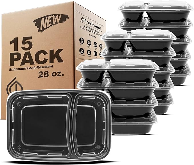 Freshware Meal Prep Containers [15 Pack] 2 Compartment with Lids, Food Storage Containers, Bento Box, BPA Free, Stackable, Microwave/Dishwasher/Freezer Safe (28 oz)