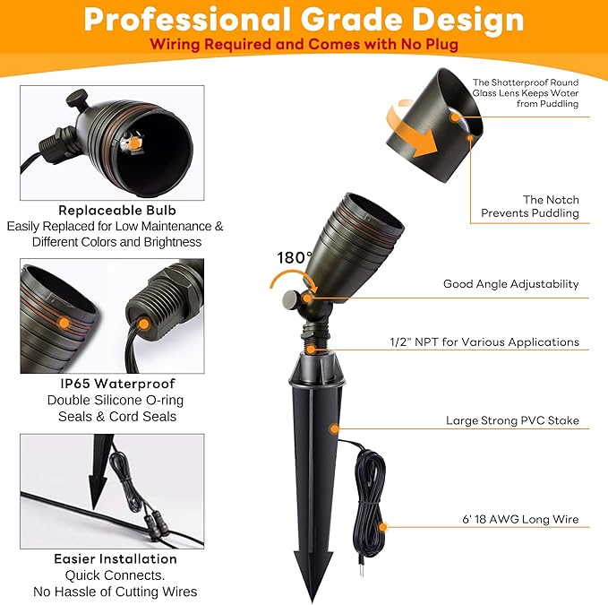 Low Voltage Spotlight LED - 12V Outdoor Light Fixture Weather Proof, Brass Landscape Lights Bullet, Hardwired Coastal Bronze for Flag Sign Without Bulbs (10 Pack)