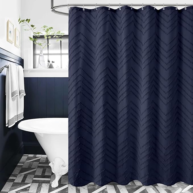 84 Inches Long Boho Tufted Chevron Striped Fabric Shower Curtain Navy Blue 72x84 Tall Minimalist Waterproof Cloth Shower Curtain, Wrinkle Free