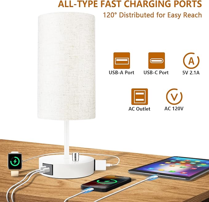 HiBay 17.75" H Dimmable LED Bedside Table Lamps Set of 2 with USB Charging Ports & AC Outlet, Modern White Nightstand Lights for Bedroom, Office, Living Room, Kids Room, E26 Bulb Included