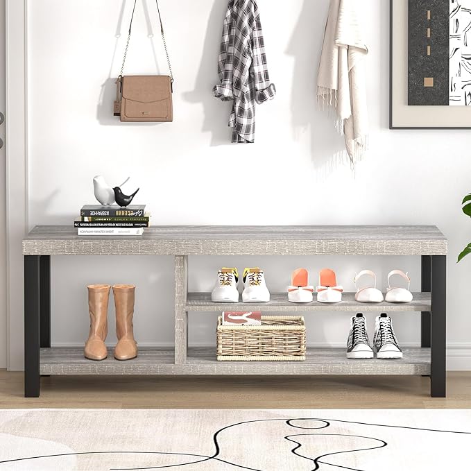 FOLUBAN Shoe Storage Bench, Rustic Wood Entryway Bench for Hallway Entrance, Vintage Indoor Bench with Shoe Storage and Seating for Bedroom Living Room, Light Grey, 47 Inch