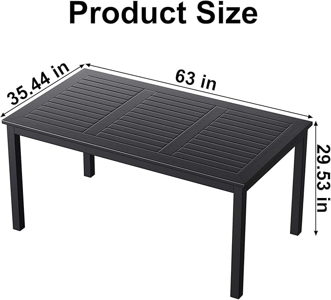 ZZV Outdoor Dining Table for 6-Person Rectangle Indoor Outdoor Table with Wood-Like Surface, Weather-Resistant Outside Dining Table for Patio Lawn Garden Backyard, 35" D x 63" W x 29" H, Black