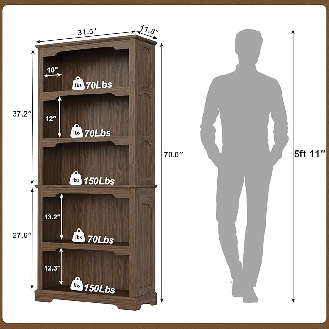 Tall Bookcase, 70 inch Height, 5-Tier Open Storage Shelf, 31.5 in Wide Standing Bookshelves for Home, Office, Bedroom, School, Library, 31.5W * 11.81D *70H (Walnut, Open Storage)