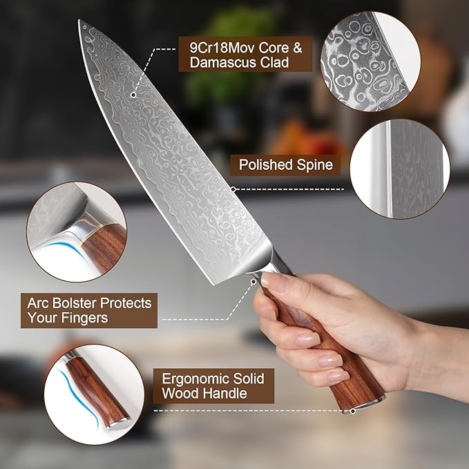 8 Inch Damascus Chef Knife with 9Cr18Mov, Professional Japanese Chef Knife with Ergonomic Handle and Gift Box for Kitchen