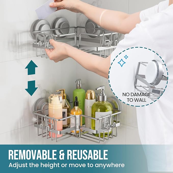TAILI Corner-adaptive Suction Cup Shower Caddy 2 Pack, Stainless Steel Rustproof Corner Shower Shelves, Drill-Free Wall Mounted Baskets, Large Capacity, Removable Suction Cup Bathroom Organizer, Gray