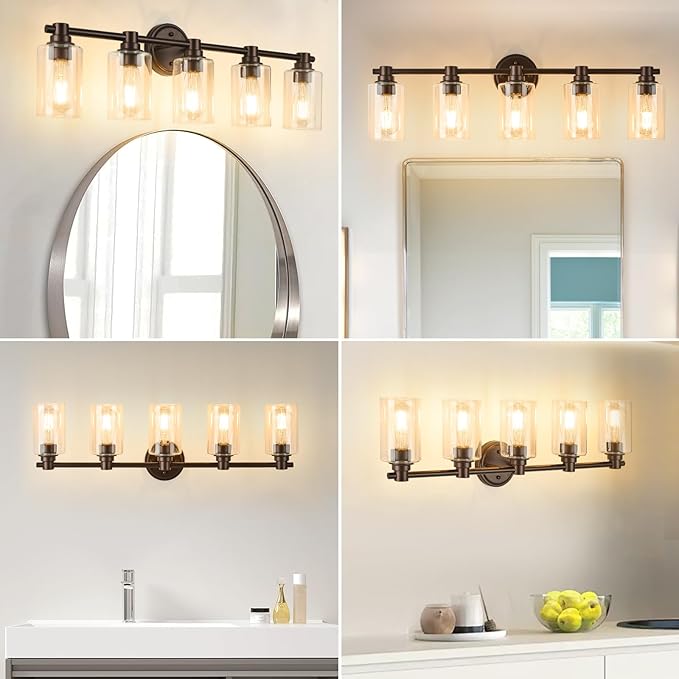 Bathroom Light Fixtures Wall Sconce Light with Clear Glass Oil Rubbed Bronze 5 Lights Bathroom Lighting Over Mirror Vanity Lights for Living Room,Bedroom,Restroom,Hallway E26 Base
