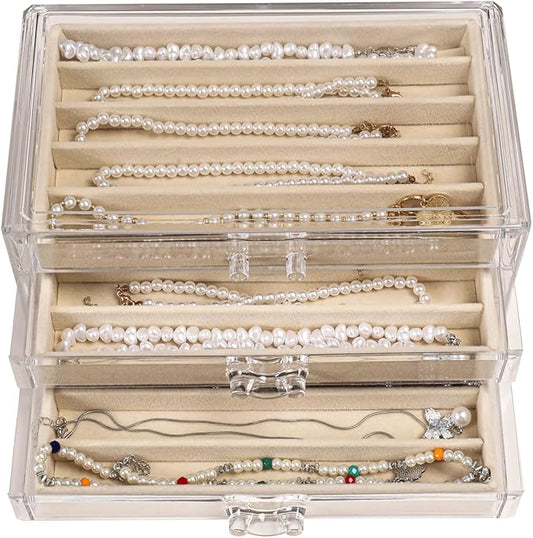 Necklace Organizer Box with Clear Lid, Dustproof Velvet Jewelry Holder Storage Display Case, Stackable Acrylic Necklace Tray Drawer Insert for Women and Girls (Beige,3 Drawers)