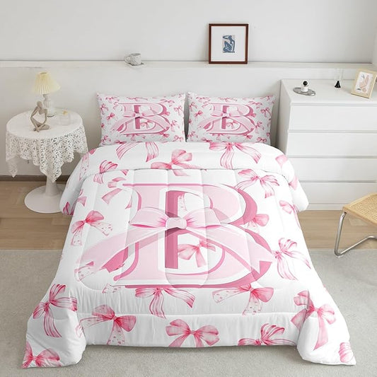 jejeloiu Kids Girls Cute Pink Bow Comforter Set Toddler Size Personalized Initial B Bedding Set Ultra Soft Monogrammed Duvet Quilt Coquette Bow Knot Quilt Set Room Decor Modern Fashion Comforter
