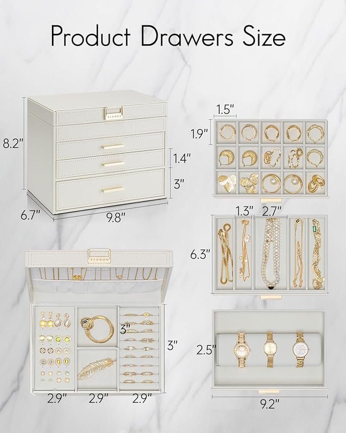 Vlando 4 Layer Large Jewelry Box - Jewelry Holder Organizer, Jewelry Box Organizer for Drawer Necklace Ring Bracelet and Watch, Birthday Gift for Loved Ones - Beige