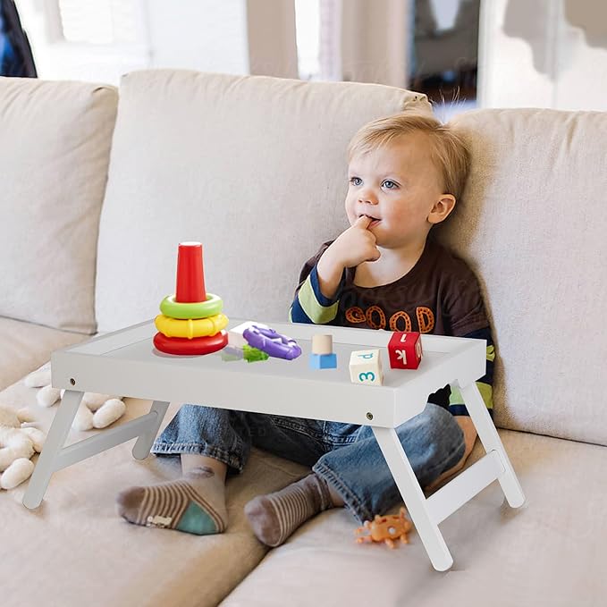 Bed Tray Table for Eating with Folding Legs, Bamboo Breakfast Table in Bed for Eating on Couch, Bed, Laptop Computer Tray(White, Medium)