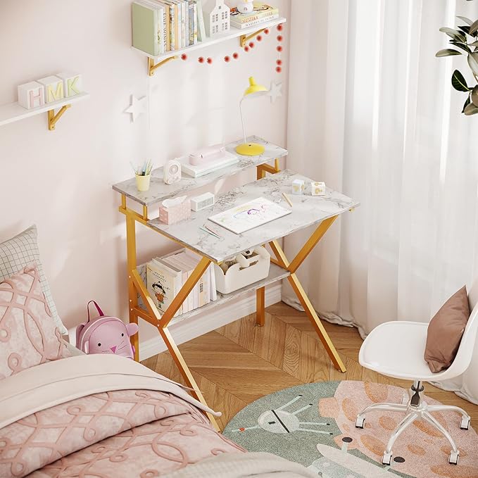 ODK Small Desk, 27.5 Inch Computer Desk for Small Spaces, Compact Desk with Storage, Tiny Study Table with Monitor Stand for Home Office, White Marble + Gold Leg