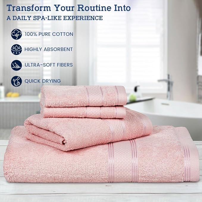 Casa Lino 4 Piece Bath Towel Set | 1 Bath Towel, 2 Wash Cloth, 1 Hand Towels | Bathroom Essentials for New Home, 100% Cotton Luxury Towels, Highly Absorbent Bathroom Set, Blush