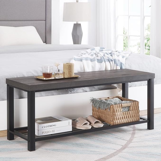 EXCEFUR Entryway Bench, Industrial Metal and Wood Storage Bench for Living Room, Indoor Shoe Rack Bench Seat, 43.3 Inch Grey