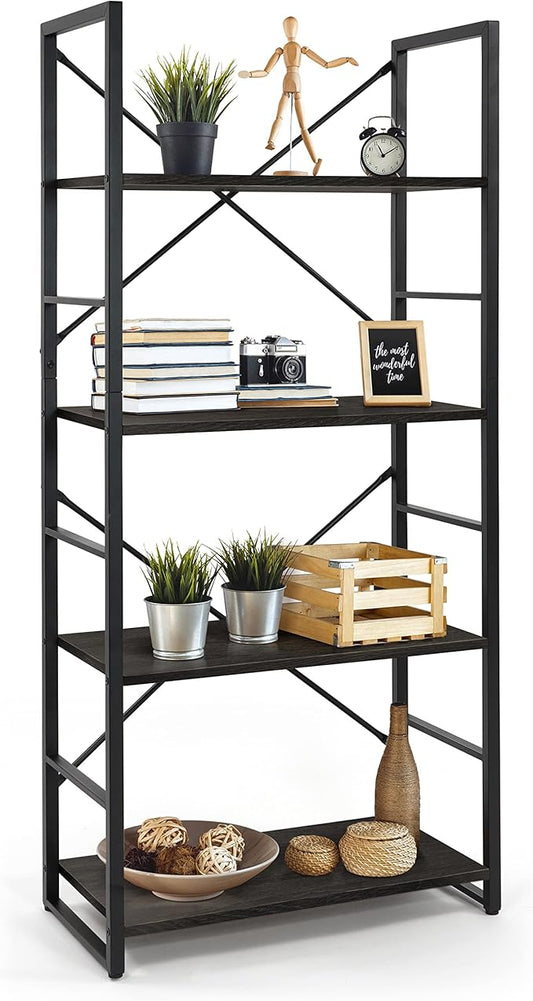 CAPHAUS 4 Tier Bookshelf, 24 Inch Width Free Standing Shelf, Bookcase Shelf Storage Organizer, Industrial Book Shelves for Home Office, Living Room, Kitchen, Black Vintage Shelves & Metal Frame