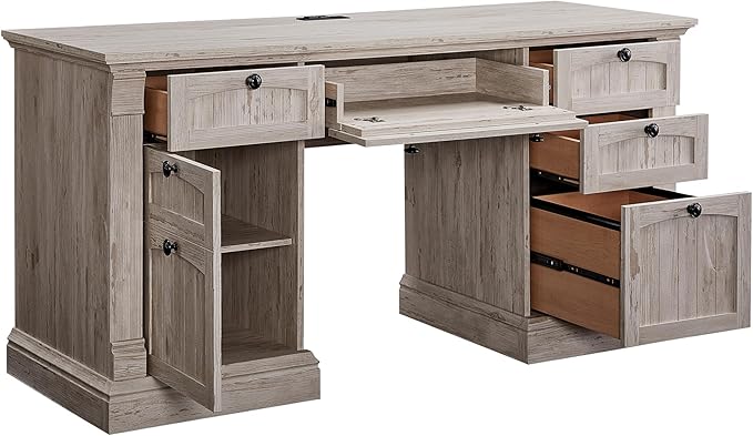 OKD 60" Executive Desk with Drawers, Farmhouse Home Office Desk with Charging Station, Keyboard Tray, File Cabinet Storage, Wood Computer Desk for Work and Study, Antique Brushed White