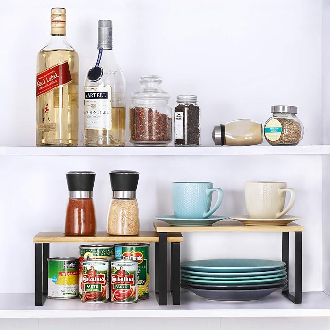 MOOACE Kitchen Cabinet and Counter Shelf Organizer, Stackable & Expandable, Set of 4, Black and Natural