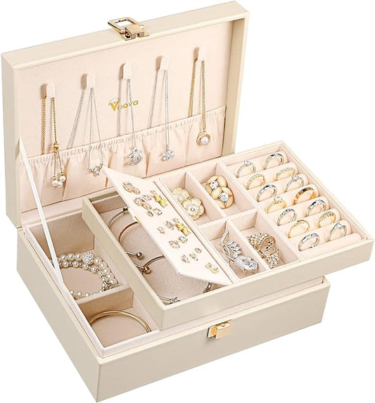 Voova Jewelry Box Organizer for Women Girls, 2 Layer Large Men Jewelry Storage Case, PU Leather Display Jewellery Holder with Removable Tray for Necklace Earrings Rings Bracelets, Vintage Gift,Apricot