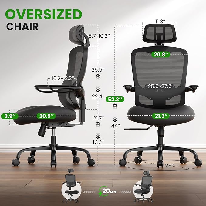 Ergonomic Office Chair Big and Tall - 6'5" Tall Max, 350Lbs Capacity Computer Desk Chairs Over 10 Hours Comfortable, with Adjustable Mesh High Back, Lumbar Support, 3D Headrest, Flip-up Arms
