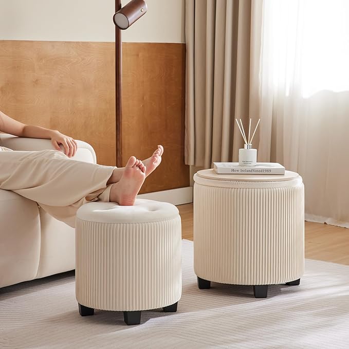 Round Ottoman with Storage Set of 2-Upholstered Sherpa Vanity Stool for Makeup Multifunctional Ottomans Coffee Table Padded Seat Foot Rest (Engineered Wood, Large White)