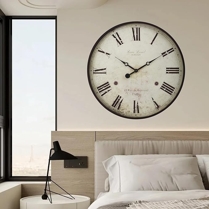 Large Farmhouse Wall Clock,20 inch Rustic Roman Numeral Big Wall Clock for Living Room, Kitchen, Living Room, Bedroom,Battery Operated, Dark White