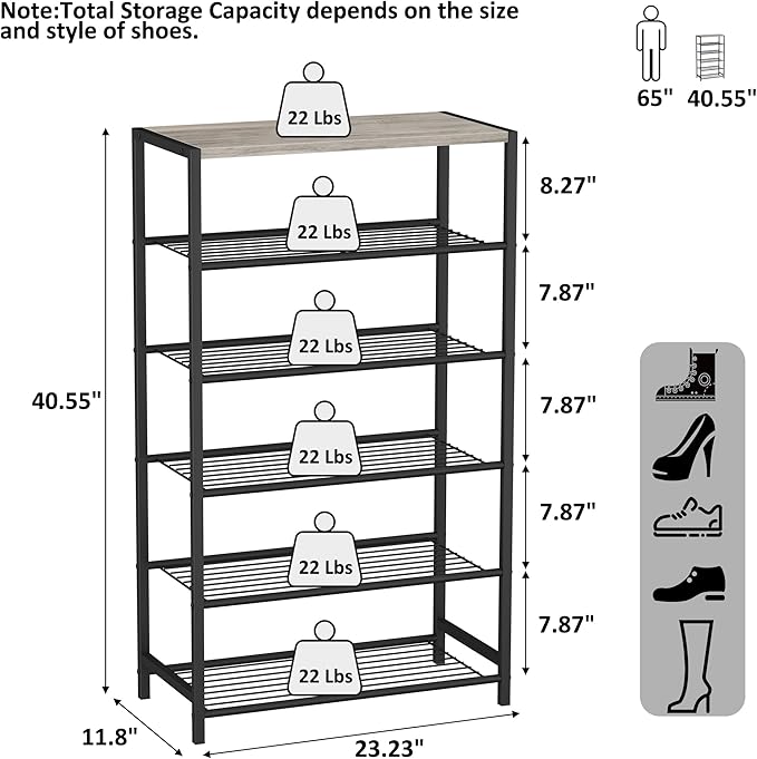 HOMEFORT 6 Tiers Shoe Rack Organizer,23" Shoe Storage Shelf for Closet, Shoe Rack for Entryway, Each Tier Fits 3 Pairs, Shoe Stand with Metal Shelves and MDF Top Board, Washed Gray
