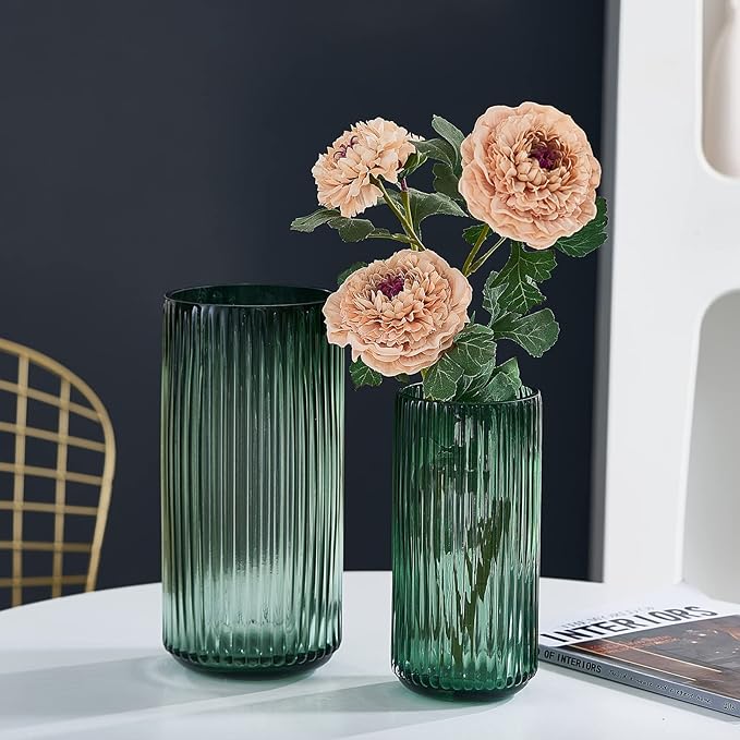Flower Vase 7.5 inch Green Thickened Glass Vase for Bookshelf,Dinner Table,Indoor Office Desktop,Meeting Room,Bathroom,Countertop,Home Christmas Day Decoration