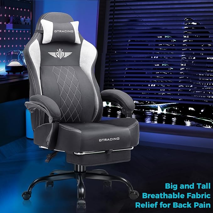 GTPLAYER Big and Tall Gaming Chair Breathable Fabric Computer Chair with Strong Lumbar Support, Comfortable Office Chairs with Pocket Spring Cushion, High Back Ergonomic Desk Chairs with Footrest