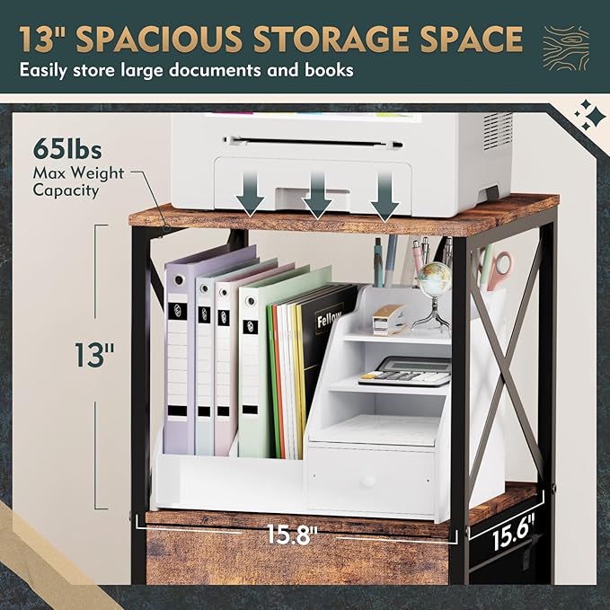 3 Drawers File Cabinet, Vertical Filing Cabinets for Home Office, Drawer with Adjustable Hanging Rail, A4/Letter Size Hanging File Folders, Open Shelf, Mobile Printer Stand, Rustic Brown