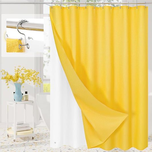 3 in 1 Shower Curtain Set, Yellow Waffle Shower Curtain and PEVA Liner Set with 12 Stainless Steel Shower Curtain Hooks, Waterproof Shower Curtains for Bathroom, 72 W x 72 H