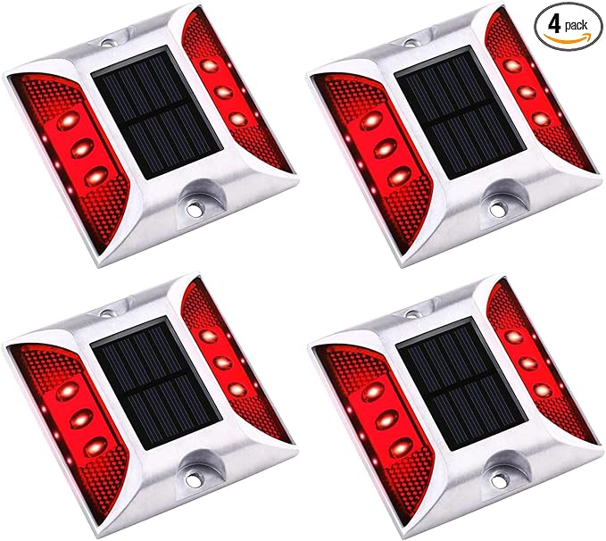Aolyty Solar Driveway Dock Lights, IP68 Waterproof Deck Warning Step Lights Reflective Road Marker for Sidewalk Stair Garden Pathway Walkway (4 Pack, Red)