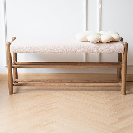 Solid Wood Entryway Bench with Shoe Storage, Rustic Oak Wood and Sherpa Fabric 39.4 Inch Long Seating for Living and Dining Rooms, 3-Tier White