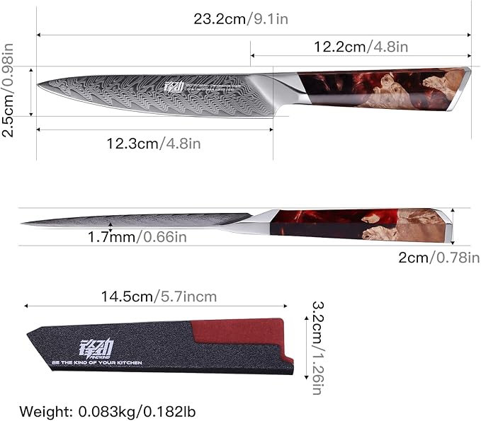 FINDKING Nebula Series Kitchen Utility Knife with ABS Sheath, Versatile Small Petty Knife, 10Cr15CoMov Damascus Blade, Resin and Figured Sycamore Handle, Full Tang, 5 Inch, Red, for Fruit, Steak