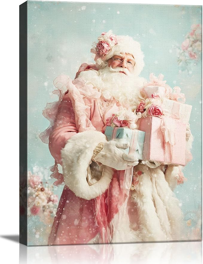 Pink Santa Christmas Canvas Wall Art - Elegant Winter Decor Framed Print for Girls Bedroom, Vintage Christmas Wall Art with Glitter Accents, Ready-to-Hang Christmas Gifts for Women