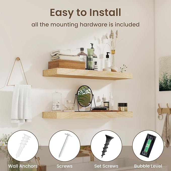 fuqing 30 Inch Floating Shelves for Wall - 9.3 Inch Deep Natural Wood Shelves Set of 2-30W x 9.3D x 1.6H Wall Mounted Shelves with Upgraded Metal Brackets for Room Wall